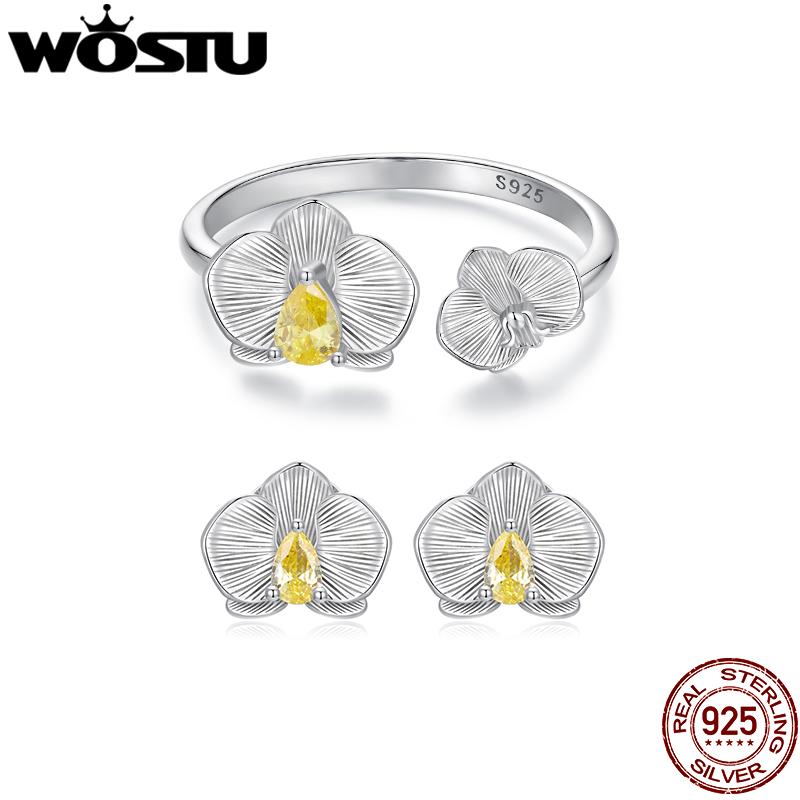 WOSTU 925 Silver Yellow Zircon Flower Open Ring Citrine Stud Earrings For Women Wedding Jewelry Set Girl Mom's Birthday Gift