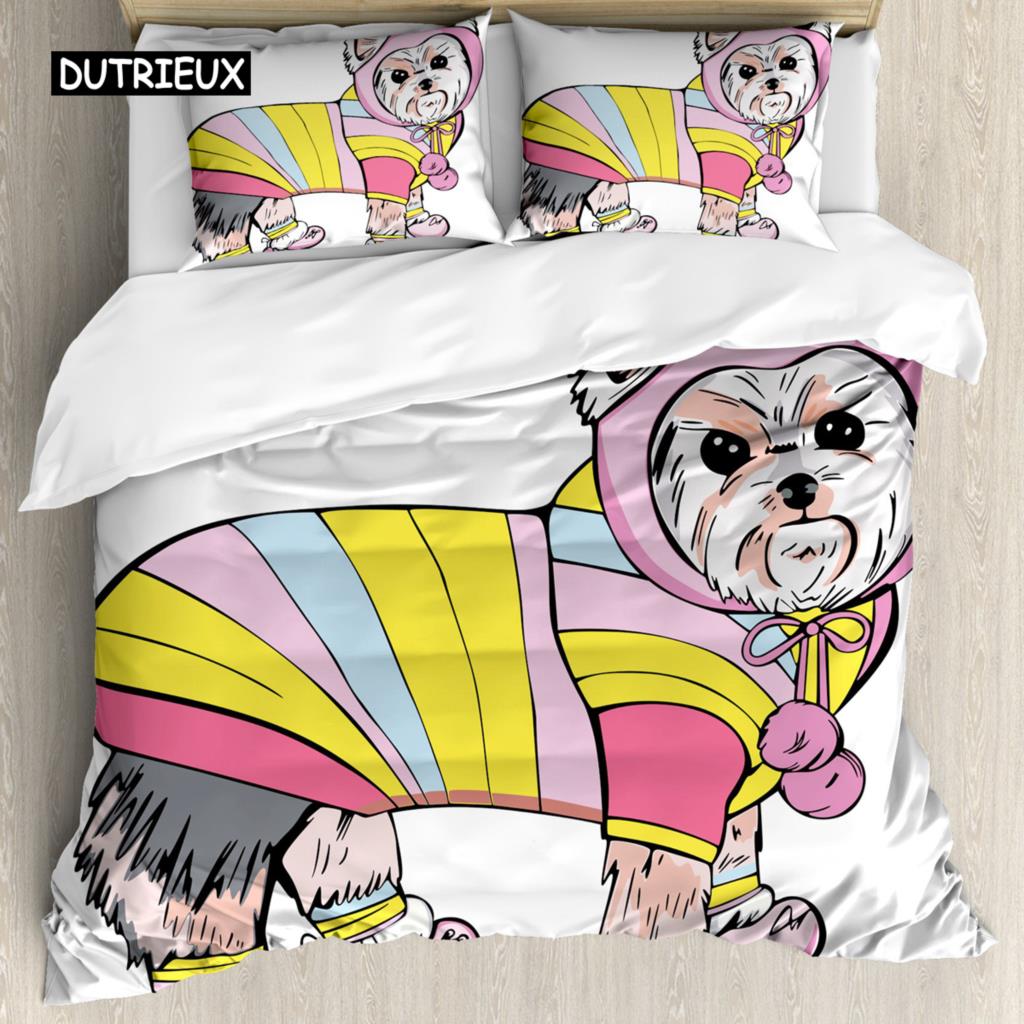 Yorkie Sada povlečení Pes se sluchátky Hudba 3dílná ložní souprava pro děti Dívky Chlapce King Size Štěněcí motiv Měkký povlak na přikrývku