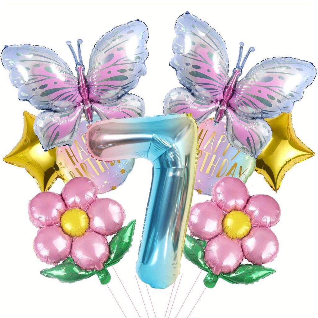 Butterfly & Daisy Star Gradient Foil Balloon Set for Birthday Party Decoration.