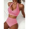 Women Neck High Waist Bikini Set Two Piece Swimsuit with Vertical Stripe Print and Ruched Top Design for Beachwear
