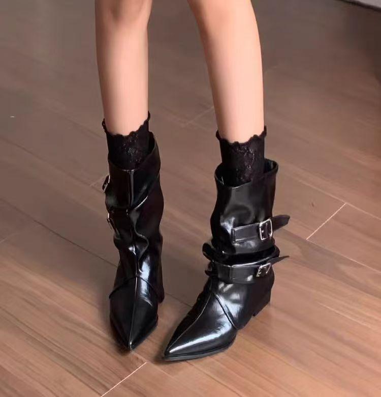 Women's Ankle Boots Pointed Toe High Heel Brown Short Boots 2026 Autumn Retro Belt Buckle Pointed Mid-Calf Boot Pants Tube Boots