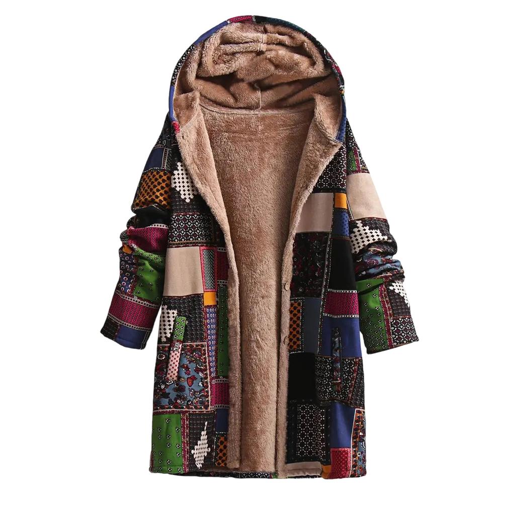 Womens Winter Button Patchwork Fleece Hooded Jacket Coat Long Sleeve Warm Liner Pocket Coat