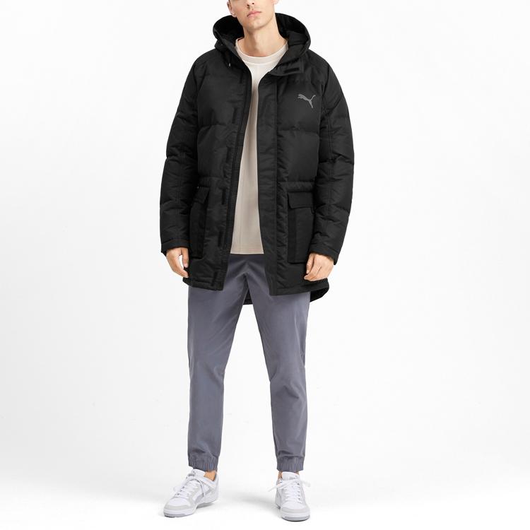 Puma Solid Color Logo Mid-Length Hooded Down Jacket Men Outerwear Black 580874-01