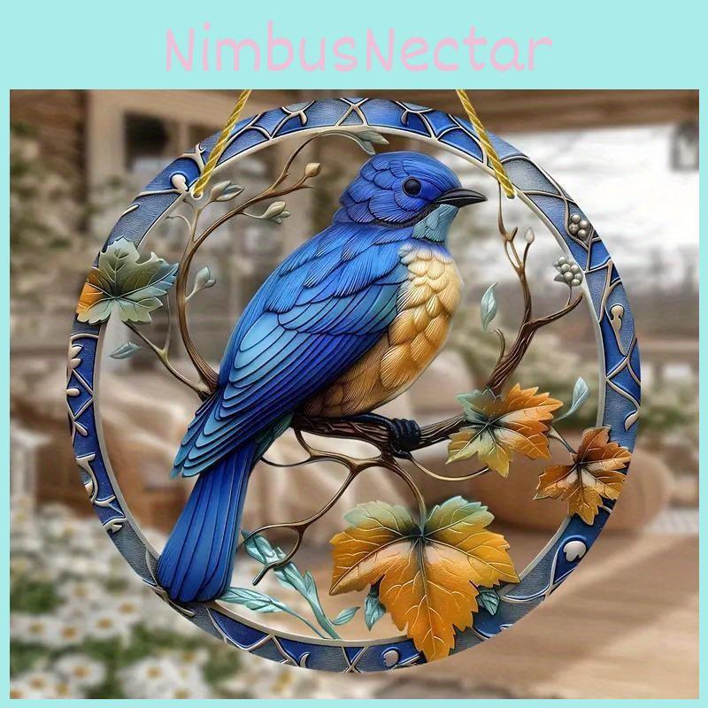 Simulated Blue Bird Branch Pattern Circular Acrylic Pendant For Garden Party Gift