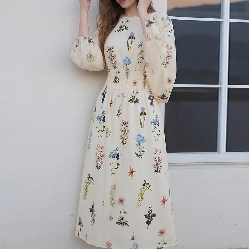 Women s Polka Dot V Neck Lantern Sleeve Maxi Dress with Tie Belt S