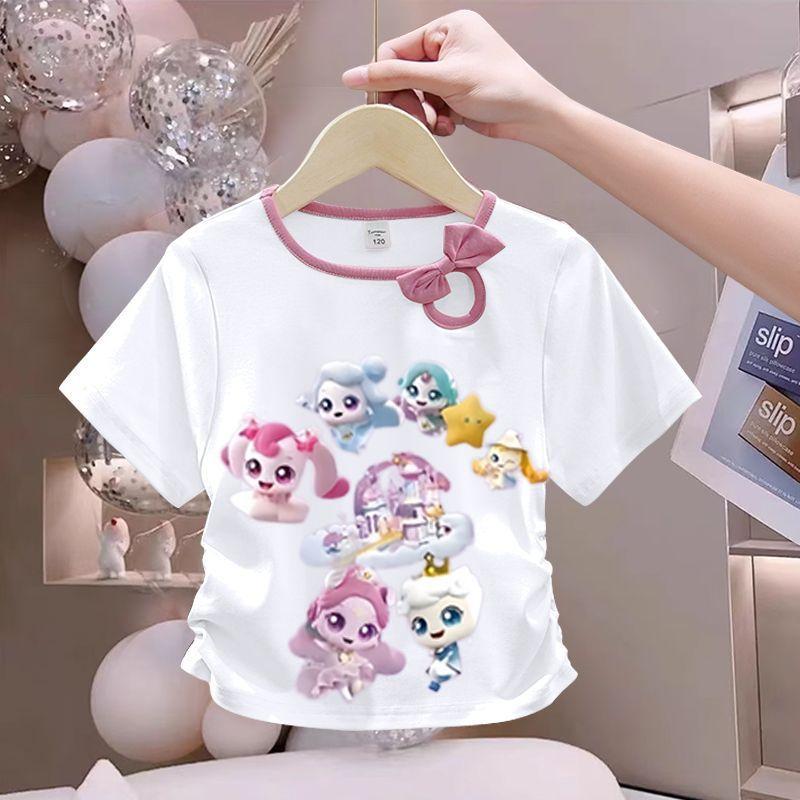 Girls' Cute Bowtie Top for Summer Children's Fashionable Round-neck Short-sleeved Pure Cotton T-shirt