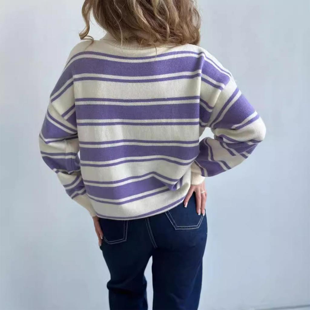 Damen Modisches Und Bequemes Strickoberteil mit Halbreißverschluss, Revers, Kontrastfarben, Locker, Gestreift