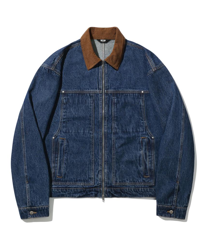 Trillion Corduroy Collar Denim Zip-Up Work Jacket (Middle Blue)