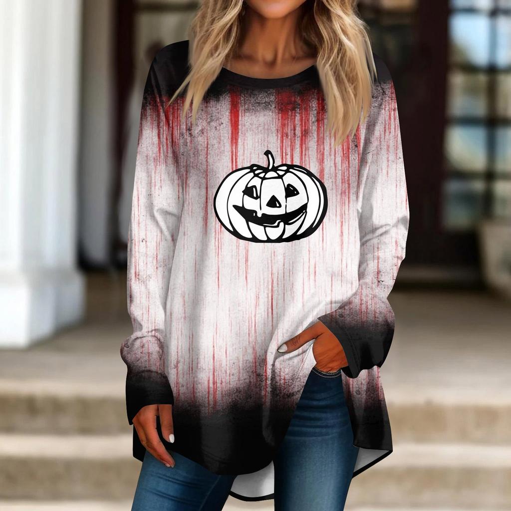 Dámské ležérní svetr s kulatým potištěným tričkem s dlouhým rukávem plus velikosti