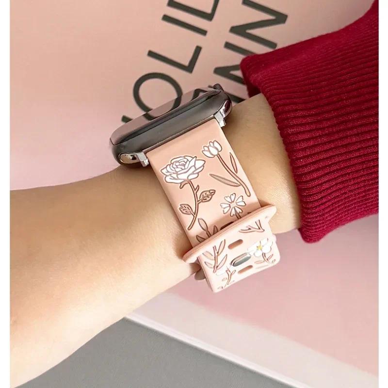 New Floral Engraved Bracelet For Apple Watch Band 44mm 42mm 41mm 40mm 45mm 49mm 46mm Correa Iwatch Series 10 9 7 SE 6 8 Ultra