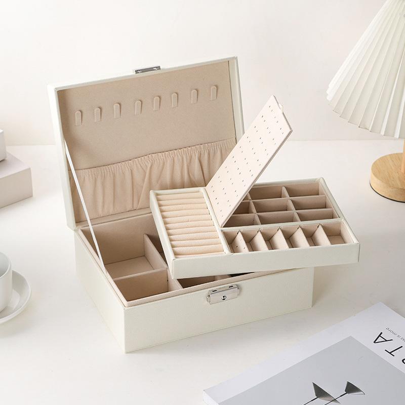 PU Leather Jewelry Box Organizer for Rings Earrings Necklace Large Capacity Double Layer Storage Case Korean Accessories Box