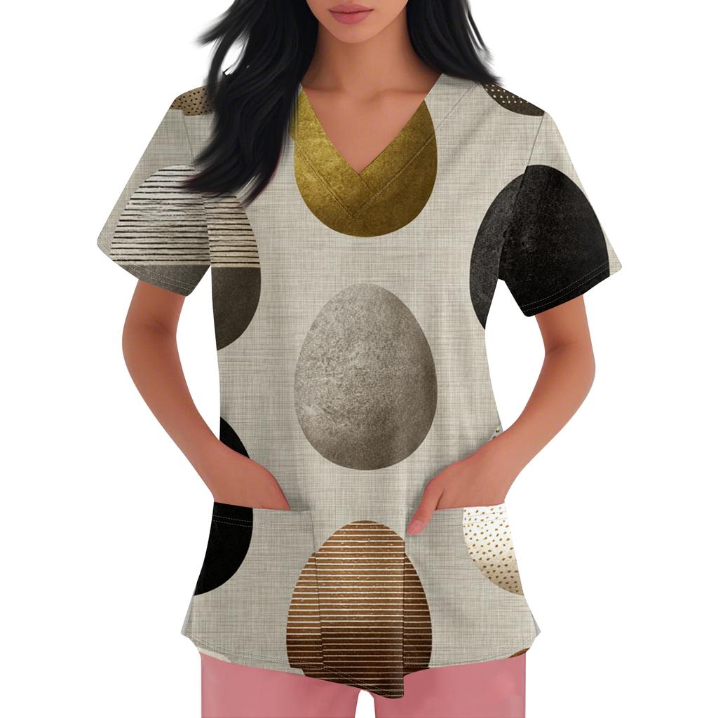 Women's Fashion V-Neck Short-Sleeved Workwear With Pockets Easter Print Top Caregiver Uniform