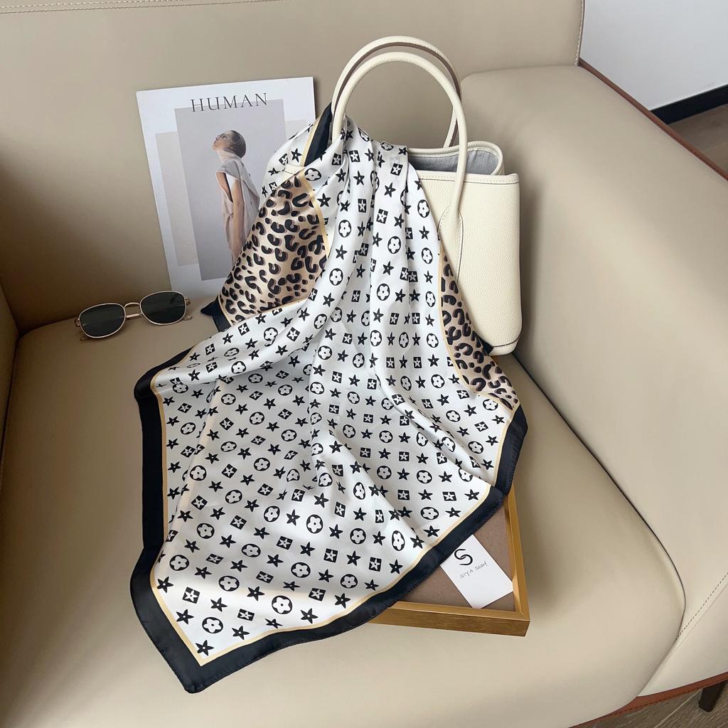 Silk scarf female stripe black and white printing spring and summer new decoration simple fashion simulation silk square scarf