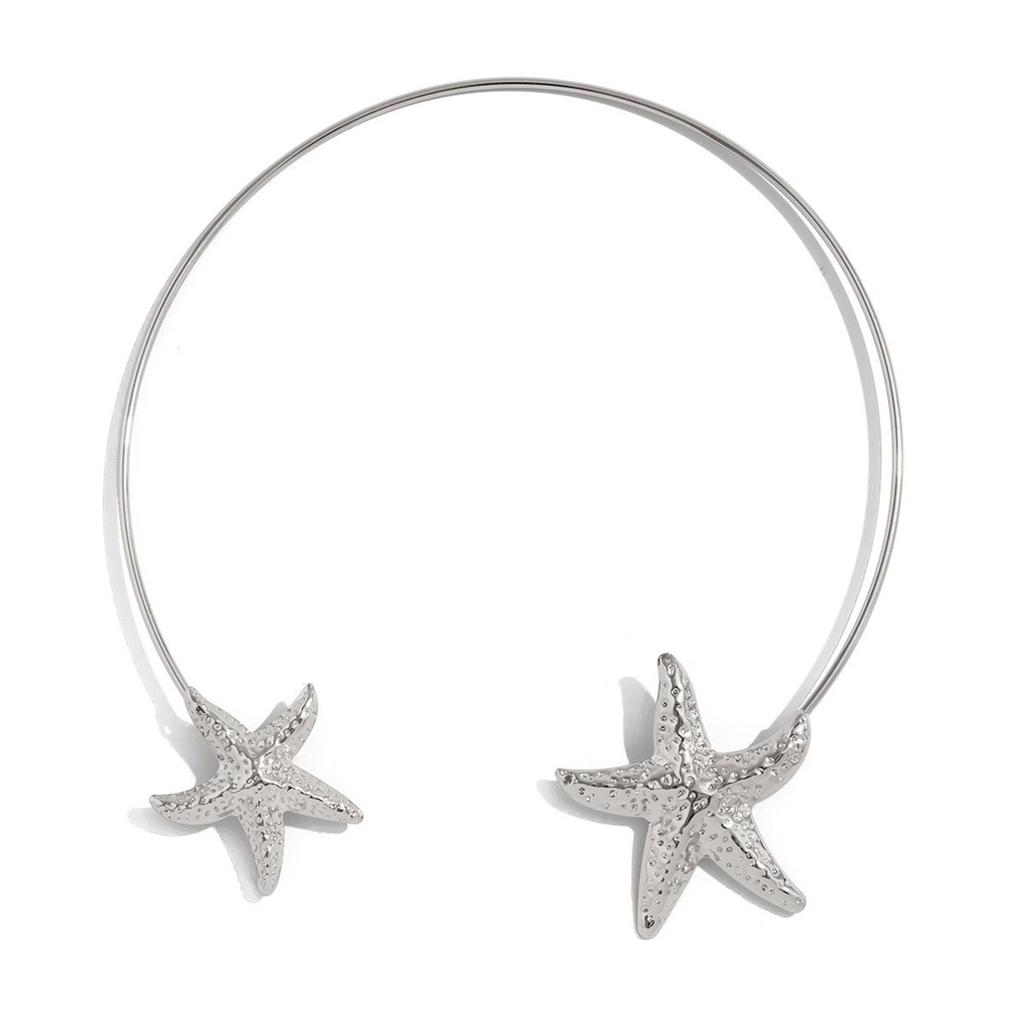 Ocean Inspired Metal Flower/Starfish Open Collar Necklace Adjustable Neckchain Handmade Clavicle Chain Accessories