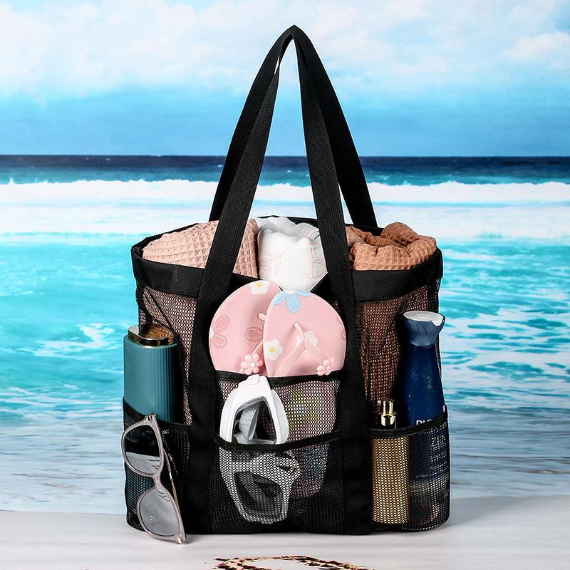 Mesh Beach Bag Tote Travel Toiletry Organizer for Gym Swim 8 Pocket Beach Bag Large Capacity Waterproof