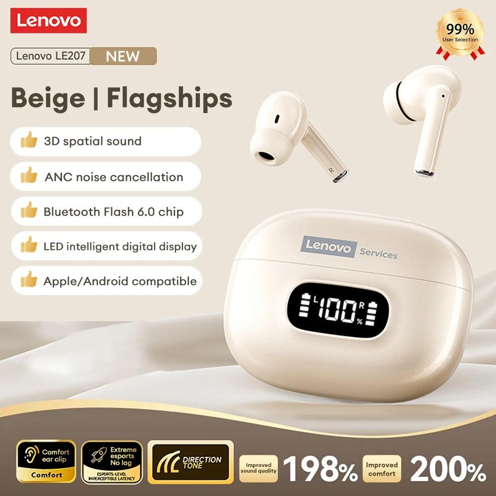 Original Lenovo LE207 TWS Wireless Bluetooth 6.0 Earphones LED Digital Display Travel Sports Headphones Low Latency HIFI Audio Comfort