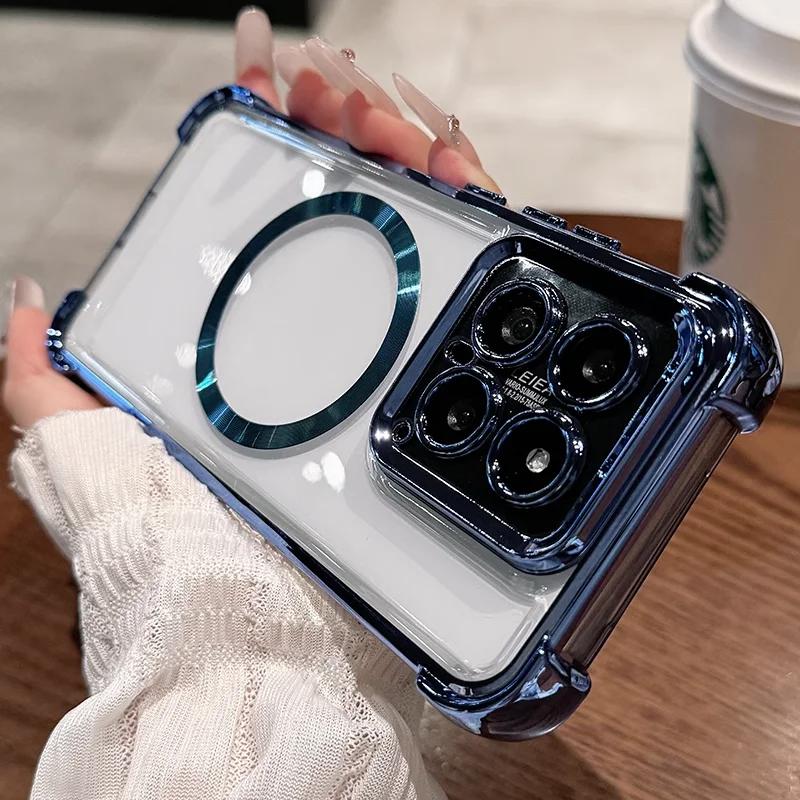 

Чехол для Xiaomi 15T Pro 15t Гальваническое покрытие Прозрачный Мягкий ТПУ Магнитный Чехол для беспроводной зарядки для Mi 15T 15TPro Встроенная пленка для объектива Силиконовые противоударные чехлы Xiaomi 15T Pro синий