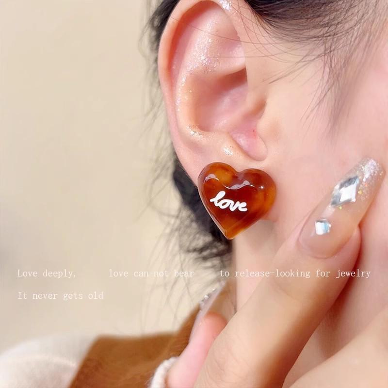 Amber Brown Sugar Korean Sweet Love Charm Earrings - Retro Autumn/Winter Unique Heart Design