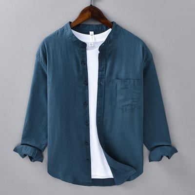 Spring and Summer Long-sleeved Shirt Men's Casual Versatile Stand-up Collar Cotton and Linen Shirt