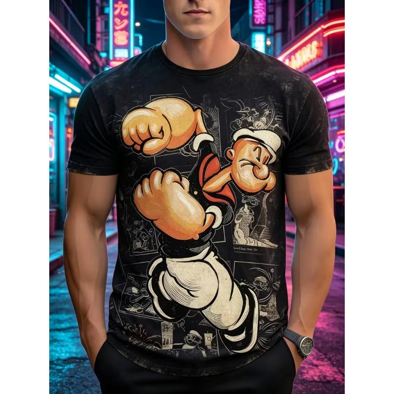 Mens T-shirt sailor cartoon character graffiti tattoo film strip graphic print short sleeve crew neck street casual top