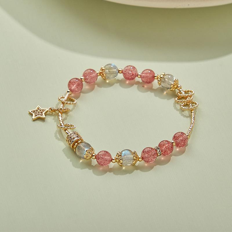 Qiaoen Women's Strawberry Crystal & Gray Moonstone Labradorite Beaded Bracelet