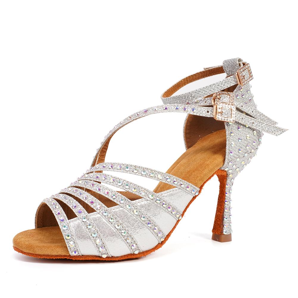 Women Latin Dance Shoes Shining Rhinestone Dancing Shoes Flare Heel 9cm Narrow Foot Adjust Width
