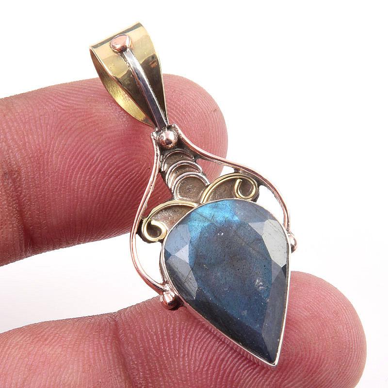 

Natural Labradorite 925 Solid Sterling Silver Jewelry TwoTone Pendant 1.50 d8c57