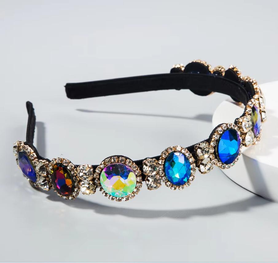Good Quality Fashion Baroque Style Super Flashing Colored Diamond Thin-edged Rhinestone Pear Headband