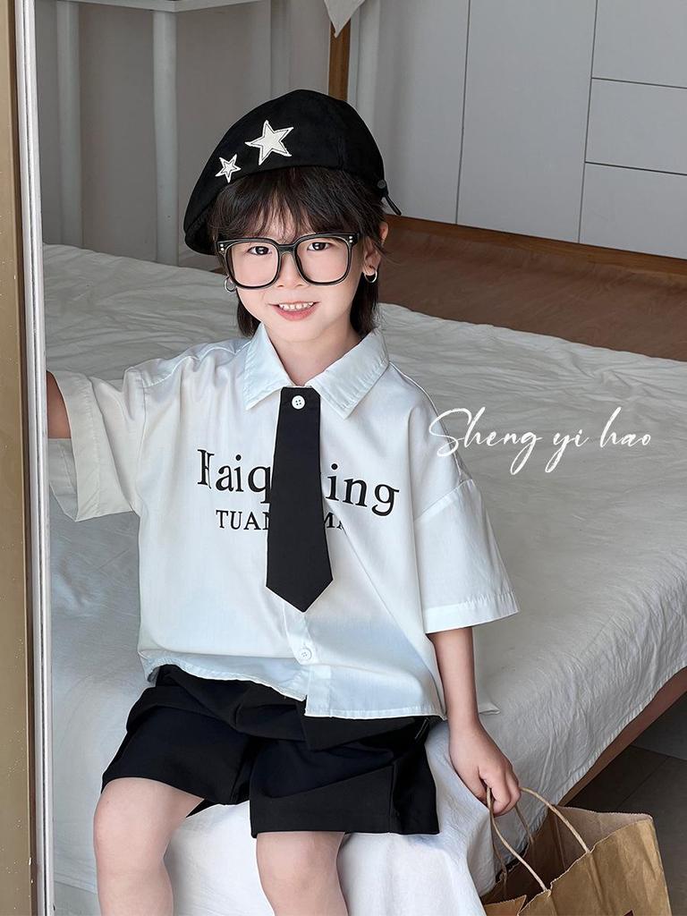 Boys' 2026 Korean Style Summer Lapel Shirt Set - Trendy Solid Color