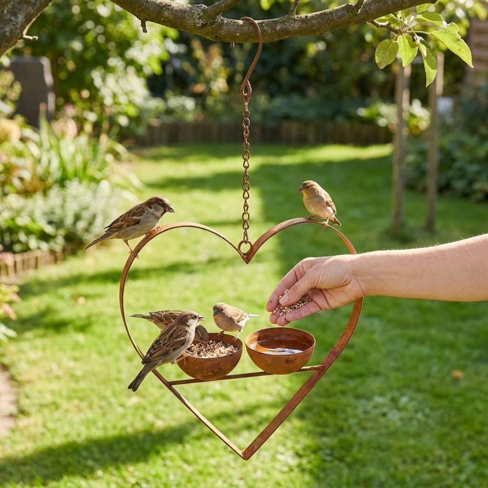 Double Bowl Hanging Bird Feeder Iron Art Bird Feeding Station Heart Shape Bird Feeder  Outdoor Use