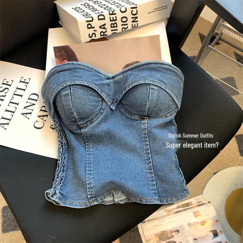 Hong Kong Retro Denim Strapless Vest for Women, Summer 2025: Sweet & Spicy Short Bandage Top with Padded Bust.