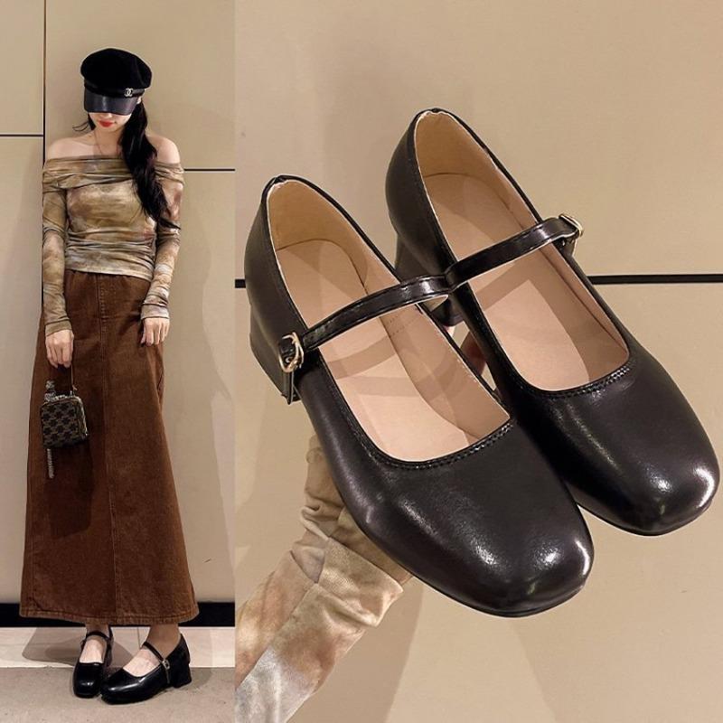 Soft Leather Mary Jane Shoes Women's Autumn New Square Heel Single Shoes Fashion with Skirt Square Head Medium Heel Small Leather Shoes