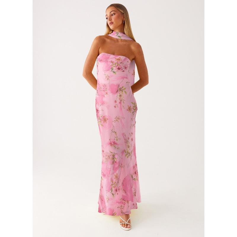 Europe, America, Amazon Spring and Summer New Temperament Socialite Satin Backless Tube Top Digital Printing Dress