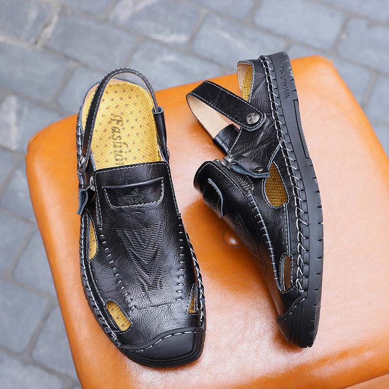 

Модные высококачественные мужские сандалии из натуральной кожи ручной работы, большой размер 48, сандалии с закрытым носком, удобные мягкие пляжные туфли для мужчин 48 чёрный