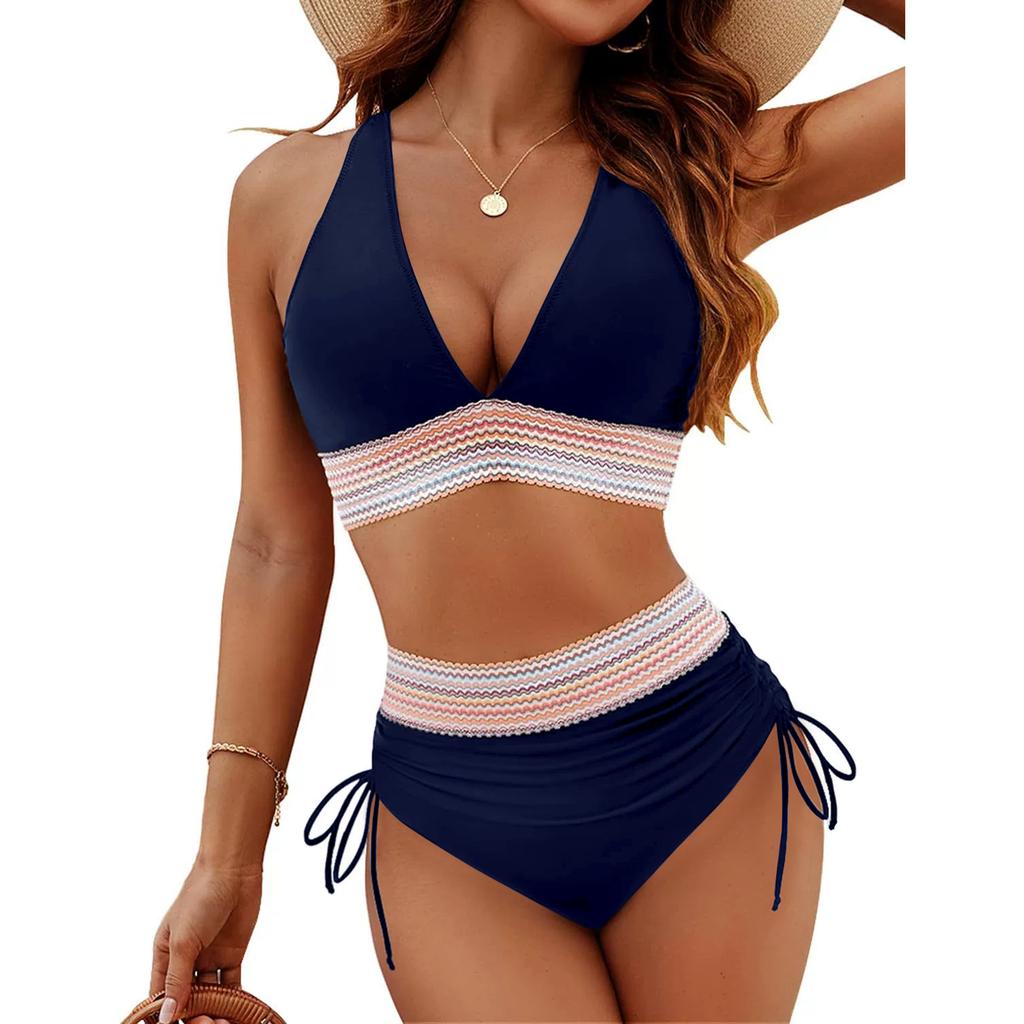 New women's split swimsuit sexy bikini high waist belly hanging neck tight swimsuit