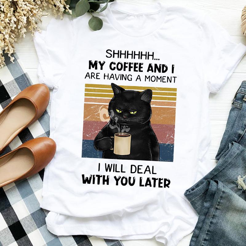 Women Lady Cartoon Cat Coffee Life Pet Cute Trend Fashion Print Tshirt Shirt Clothes Top Graphic Female T Tee Womens Tshirt