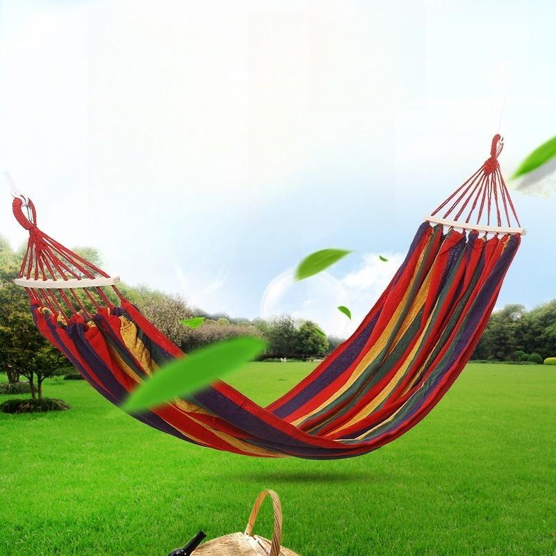 Outdoor Single Rainbow Stripe Hammock Canvas Cotton Swing Anti‑rollover Hammock for Travel Camping