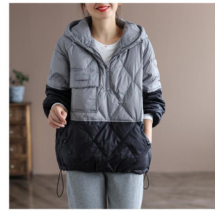 

Женская свободная толстовка с капюшоном, хлопковая куртка с подкладкой, большого размера, зимняя теплая, модная, с контрастной цветной вставкой, повседневная верхняя одежда 2XL [170-105 kg] серый