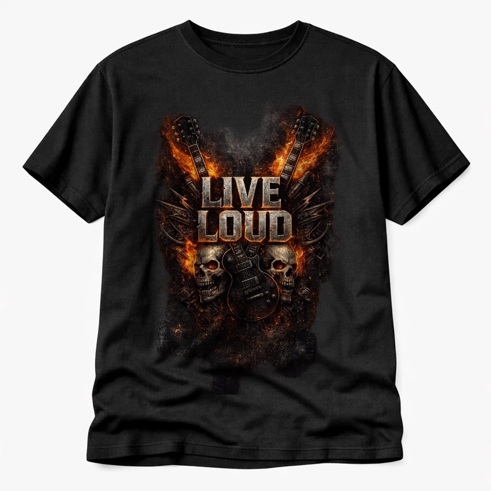 Live Loud Skull Guitar T Shirt Mens Rock Metal Biker Graphic Tee S