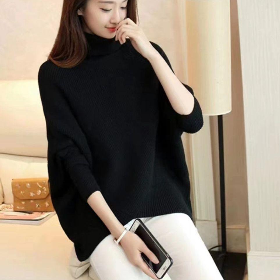 

Женский свитер с высоким воротником, вязаный джемпер «летучая мышь», весенне-осенний пуловер нестандартной формы, вязаный свитер, повседневный свободный утолщенный свитер «летучая мышь» S чёрный