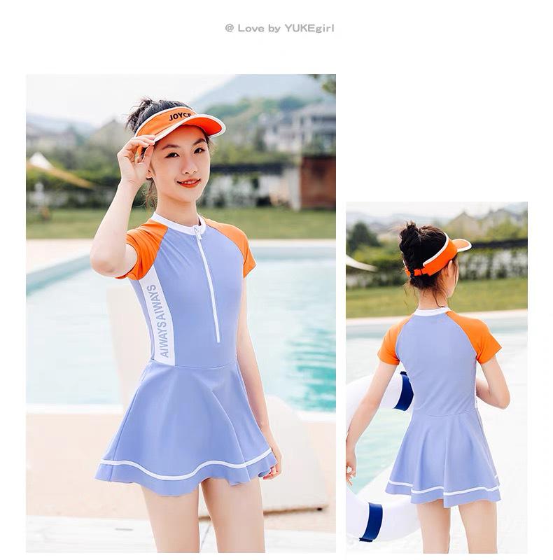 2023 Sporty One-Piece Skirted Swimsuit for Girls - Short-Sleeved, Plus Size, Hot Spring Swimwear for Kids