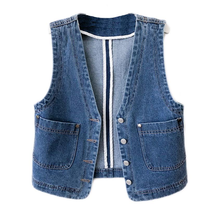 Hong Kong Style Retro Denim Vest: Women's Slim-Fit Collarless Waistcoat with Shoulder Pads for Spring and Autumn 2025.