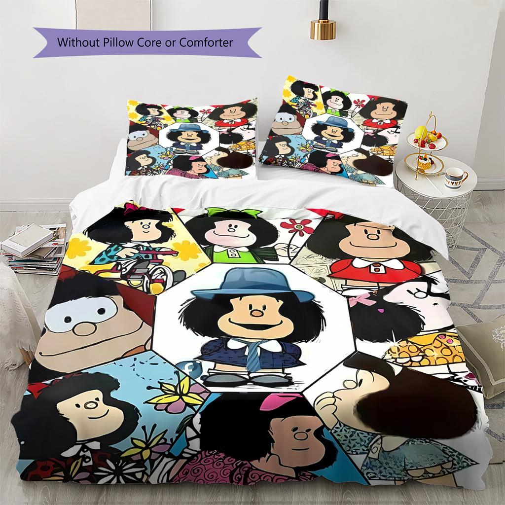 Pościel z wzorem Mafaldy, Zestaw kołdry Poszewka na kołdrę Poszewka na poduszkę Domowy prezent urodzinowy (1 * poszwa na kołdrę + 2 * poszewki na poduszki, bez rdzenia)