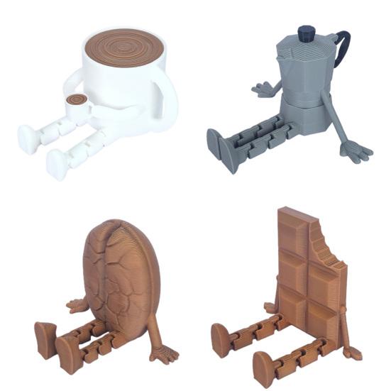 3D Printed Coffee Corner Figurine Moka Pot/Mug/Coffee Bean/Chocolate Figurine with Articulated Legs for Office Home Shelf Decor Funny Gifts