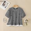 Women Grid Print Casual Round Neck Short Sleeve Blouse