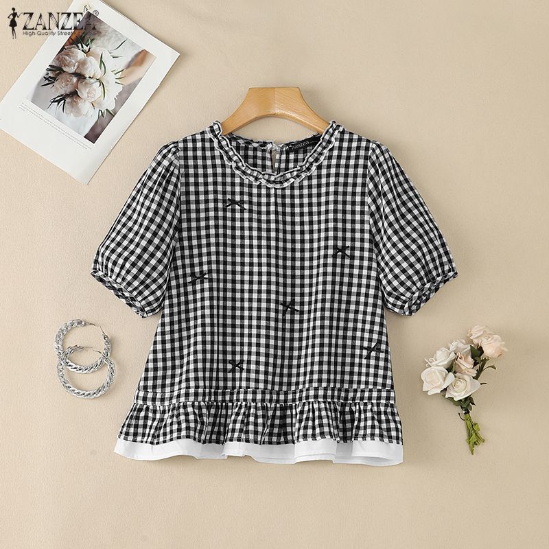 ZANZEA Dames Casual Blouse met Ruitjesprint, Ronde Hals en Korte Mouwen