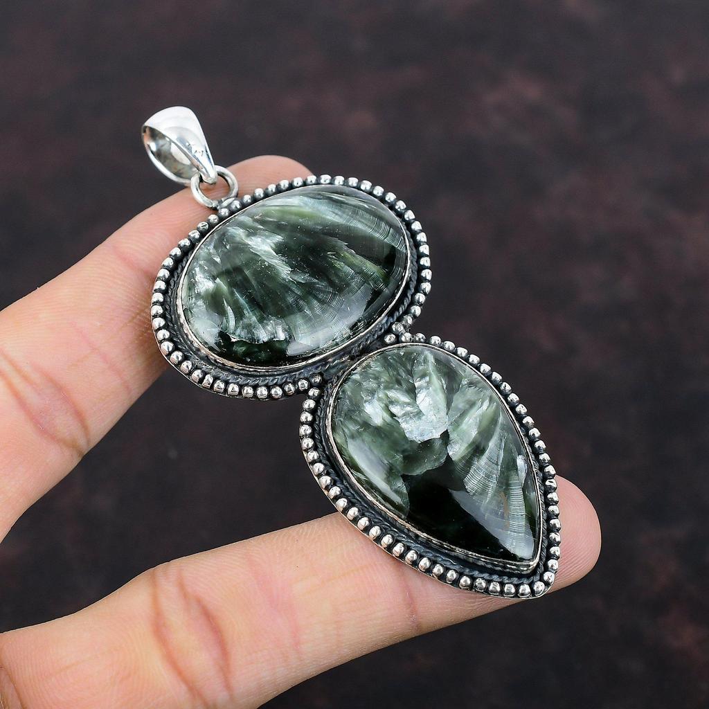 Seraphinite Gemstone Pendant 925 Sterling Silver Pendant Vintage Pendant Handmade Dainty Jewelry Gift For Him Silver Jewelry Antique Pendant