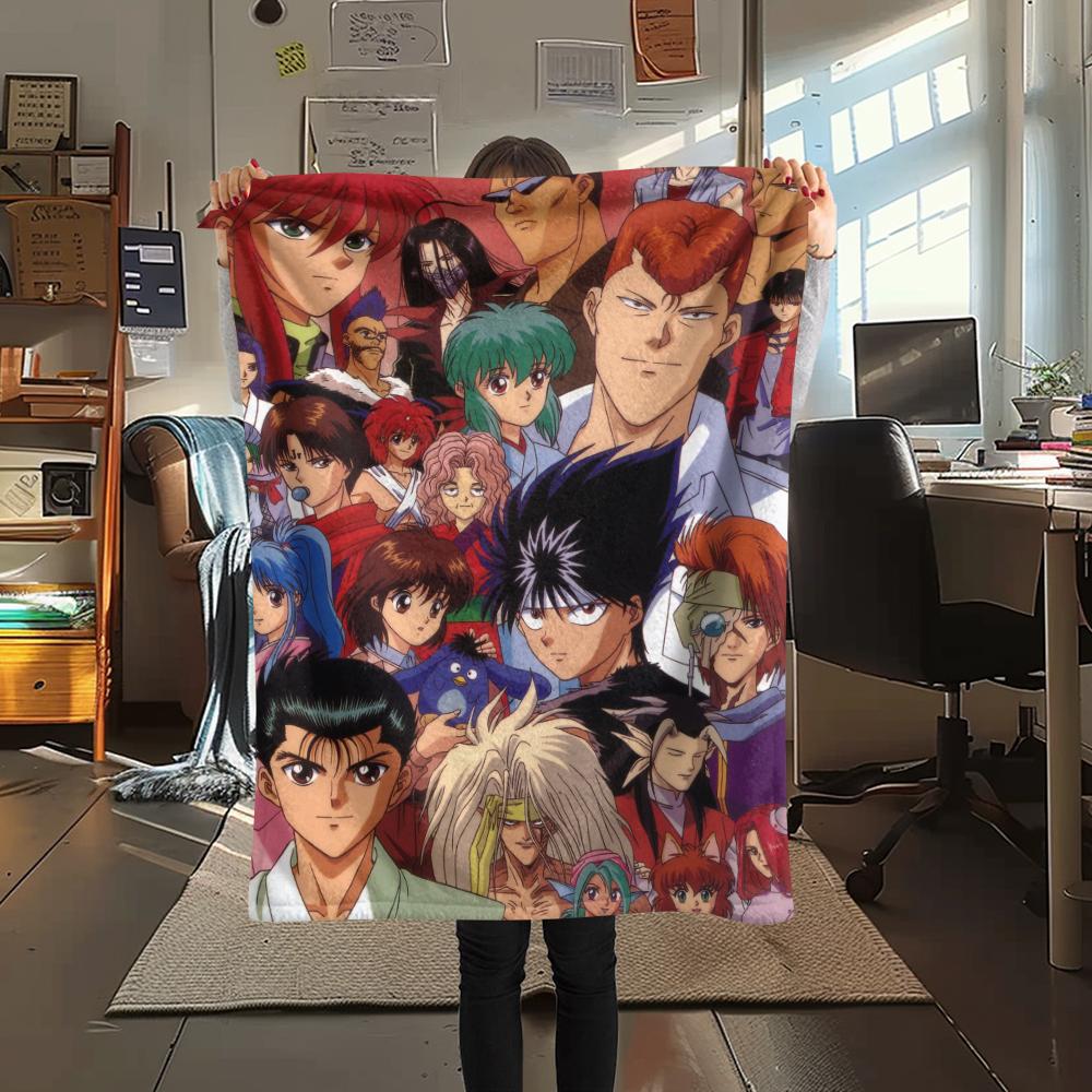 1Pc YuYu Hakusho Print Flannel Blanket, High quality Comfortable for All Seasons, Home Decor, Warmth and Comfort, Perfect for Christmas Gifts
