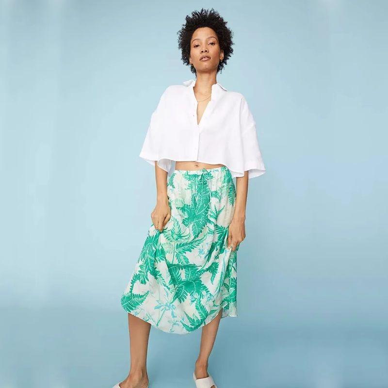 

Очень тонкий супер комплект Крутой расслабленный и уютный Летний принт Клетчатый Дышащий Повседневный Ветер Эластичная талия Юбка Green M