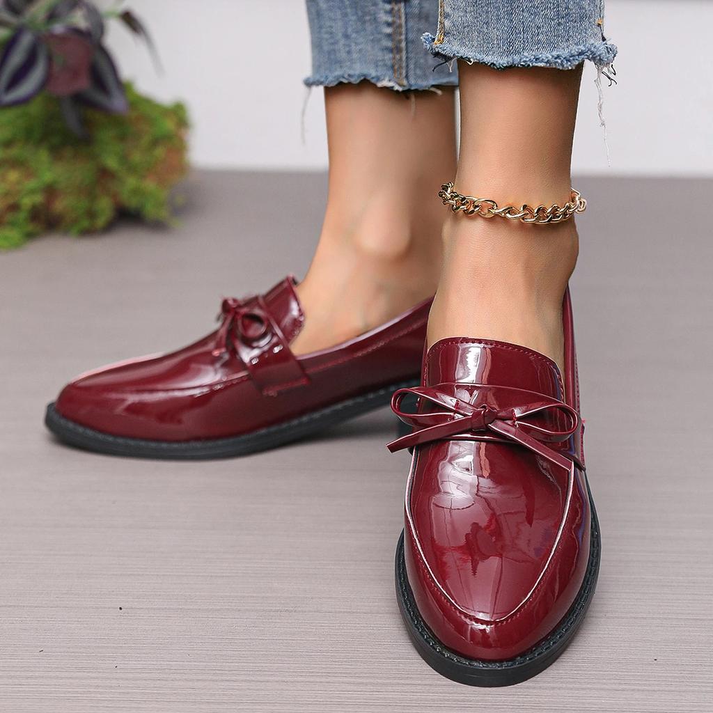 Fashion PU Leather Women's Shoes 2025 Spring Pointed Toe Slip-on Women's Casual Loafers Elegant Bow Office Med Heel Shoes Zapatos Mujer